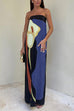 Strapless Color Block Printed Maxi Party Dress