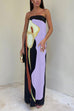 Strapless Color Block Printed Maxi Party Dress