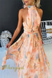 Halter Bow Neck Backless Beck Print Swing Maxi Dress