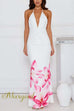 Margovil Halter V Neck Backless Ruched Flower Print Maxi Dress