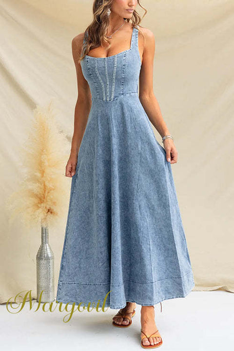 Square Neck Distressed Sleeveless Denim Maxi Dress