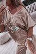 Margovil Sequin Pattern V Neck Short Sleeve Top with Pocketed Pants Casual Set