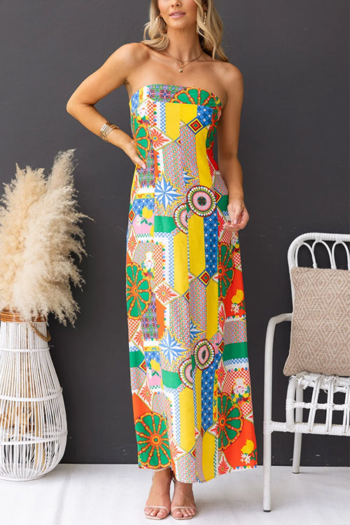 Strapless Unique Print Bandeau Maxi Dress