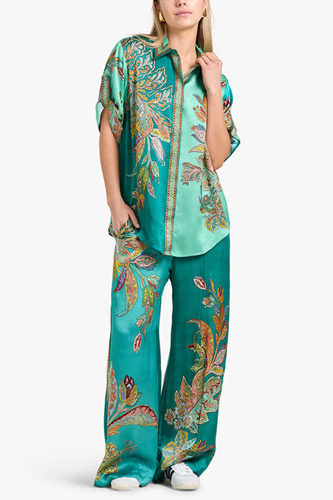 Margovil Roll Up Short Sleeves Shirt and Wide Leg Pants Printed Satin Set