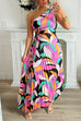 One Shoulder Cut Out Color Block Printed Maxi Pleated Dress