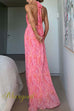 Halter V Neck Open Back Print Pleated Maxi Dress