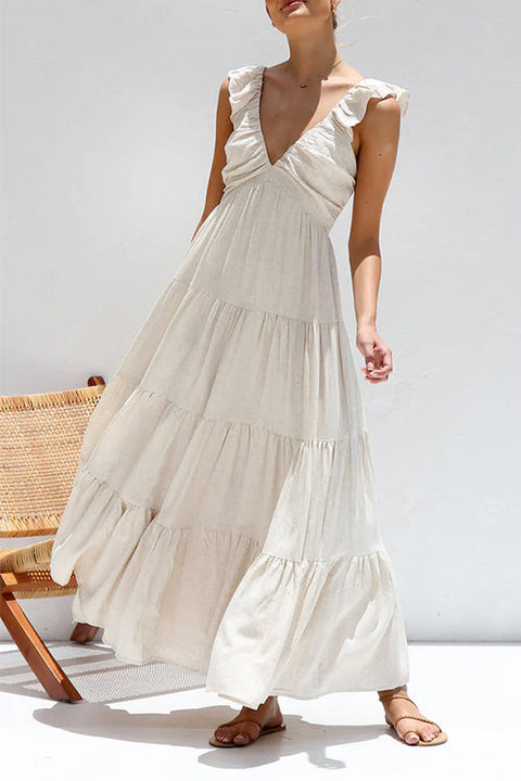 Margovil V Neck Ruffle Trim Tiered Sleeveless Linen Maxi Dress