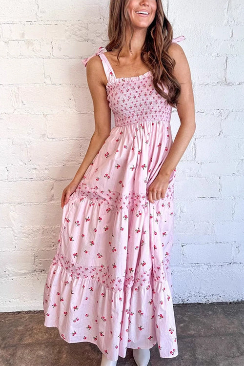 Margovil Tie Shoulder Splice Floral Print Ruffle Maxi Cami Dress