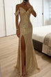 Margovil V Neck Cold Shoulder High Slit Sequin Maxi Prom Dresses