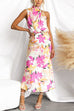 Mockneck Sleeveless Floral Print Satin Maxi Dress