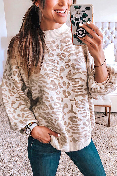 Margovil Crewneck Drop Shoulder Leopard Slouchy Sweater