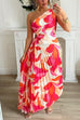 One Shoulder Cut Out Color Block Printed Maxi Pleated Dress