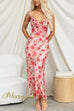 V Neck Ruffle Trim Sleeveless Floral Print Maxi Dress