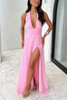 Margovil Deep V Neck Halter Tie Knot Backless Slit Maxi Dress