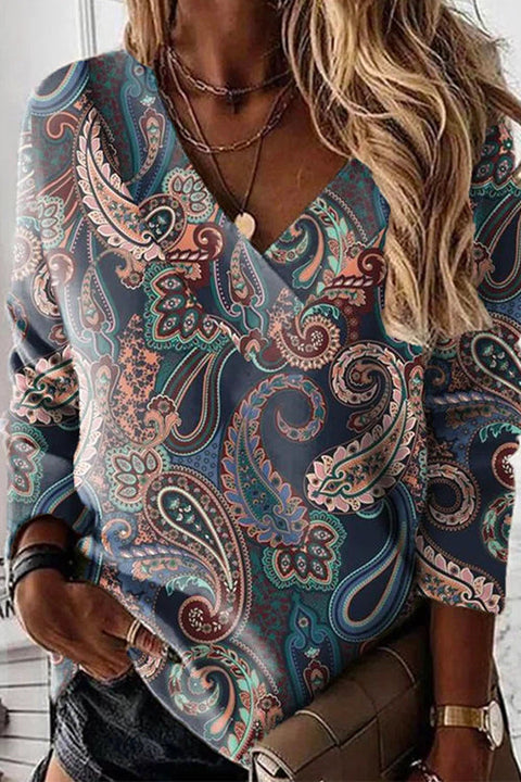 Margovil V Neck Long Sleeves Unique Print Top