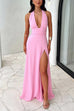 Margovil Deep V Neck Halter Tie Knot Backless Slit Maxi Dress