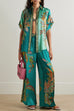 Margovil Roll Up Short Sleeves Shirt and Wide Leg Pants Printed Satin Set