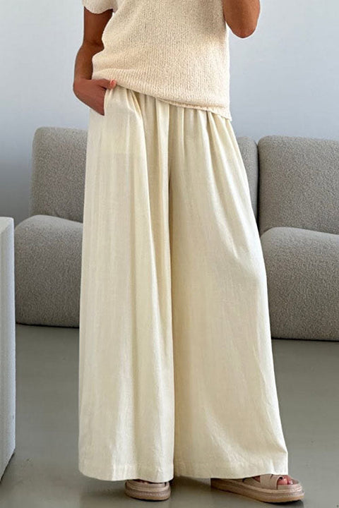 Margovil Elastic Waist Pocketed Wide Leg Cotton Linen Pants