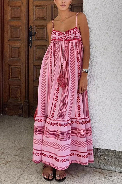 Margovil Tassel Crochet Hollow Out Splice Printed Ruffle Maxi Cami Dress