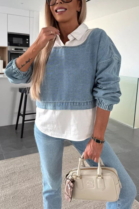 Lapel Long Sleeves Splice Faux Two-piece Denim Top