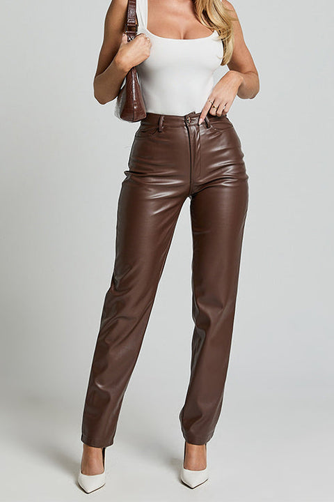 Margovil High Rise Pocketed Casual Faux Leather Pants