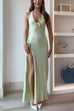 Margovil Halter V Neck Backless Slit Rose Applique Knit Maxi Dress