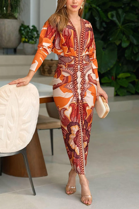 Margovil V Neck Long Sleeves Ruched Slit Printed Midi Dress