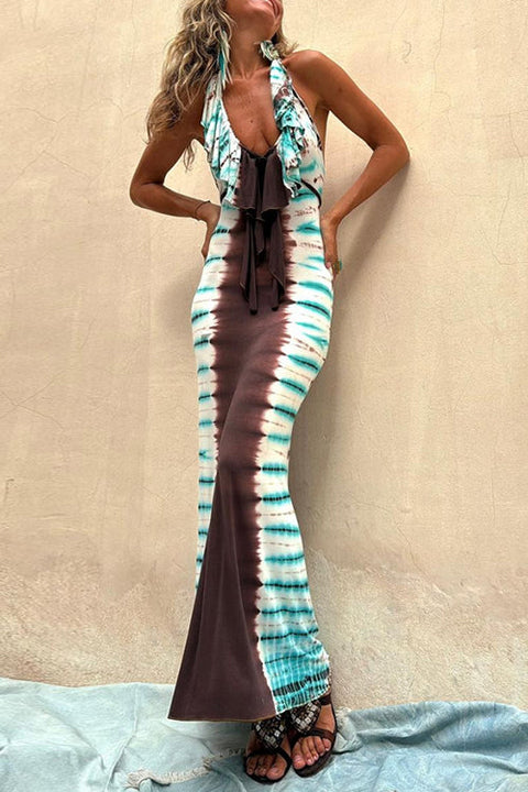 Halter Backless Ruffle Trim Color Block Tie Dye Maxi Dress