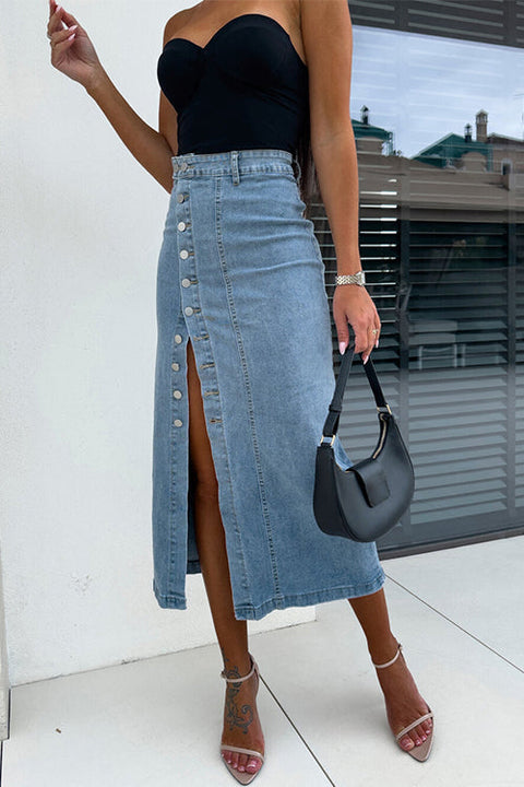 Margovil Button Down Slit Midi Denim Skirt