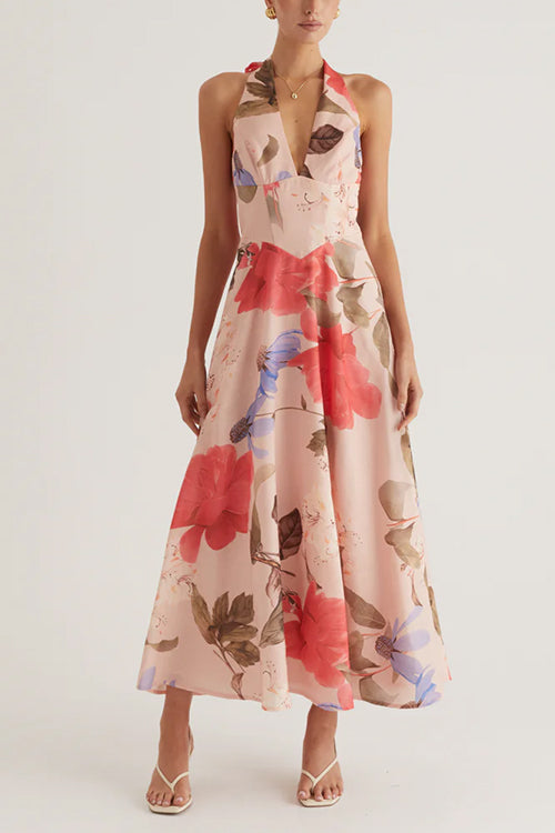 V Neck Halter Back Lace-up Floral Print Maxi Dress