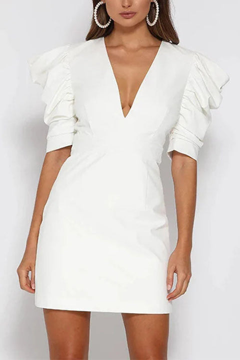 Margovil V Neck Backless Ruched Puff Sleeves Mini Dress