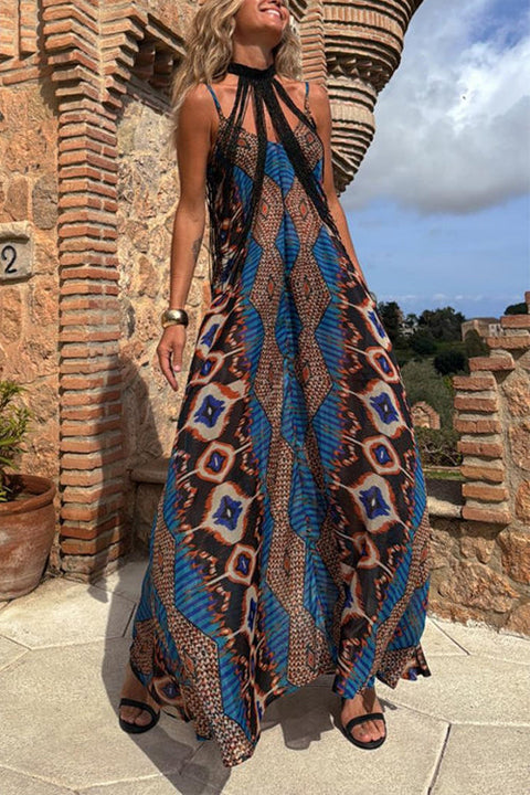 V Neck Spaghetti Strap Contrast Print Swing Maxi Dress