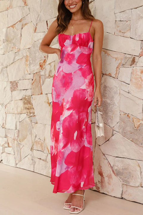 Open Back Cut Out Floral Print Maxi Cami Dress