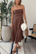 Strapless Pleated Faux Leather Midi Dress(2 Colors Available!)