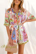 Short Sleeves Button Up Tie Waist Aztec Print Romper