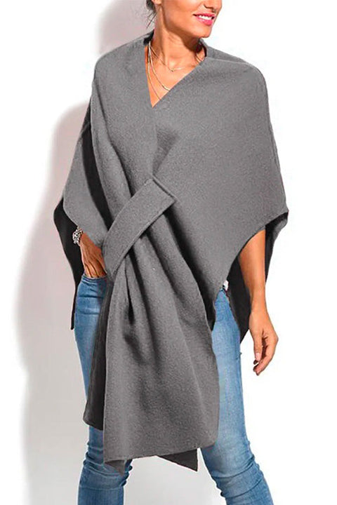 Margovil Solid V Neck Wrapped Batwing Cloak Sweater