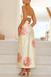 Strapless Scooped Cowl Back Rose Print Maxi Dress