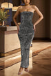 Margovil Strapless Back Slit Rhinestone Bodycon Maxi Party Dress