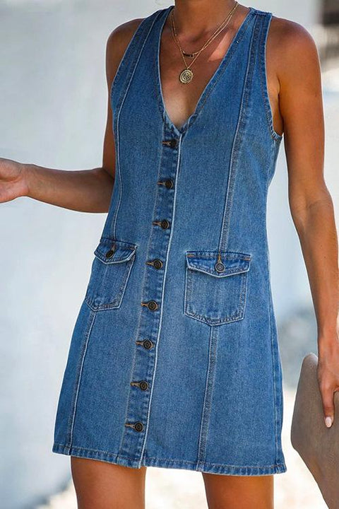 Margovil V Neck Buttons Racerback Sleeveless Denim Dress