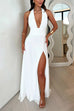 Margovil Deep V Neck Halter Tie Knot Backless Slit Maxi Dress