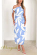 Tie Knot One Shoulder Abstract Leaf Print Midi Dress