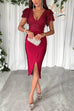 Margovil V Neck Ruffle Sleeves Slit Sequin Midi Party Dress