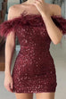 Margovil Off Shoulder Feather Trim Sequin Mini Party Dress