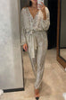 Margovil Wrap V Neck Tie Waist Sequin Jumpsuit