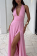 Margovil Deep V Neck Halter Tie Knot Backless Slit Maxi Dress