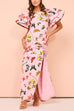 Margovil Flounce Sleeves Drawstring Slit Printed Maxi Dress