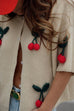 Margovil Short Sleeves Button Up Cherry Decorative Knit Sweater