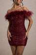 Margovil Off Shoulder Feather Trim Sequin Mini Party Dress