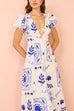 V Neck Puff Sleeves Resort Print A-line Maxi Dress