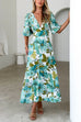 V Neck Lantern Sleeves Waisted Floral Print Maxi Dress